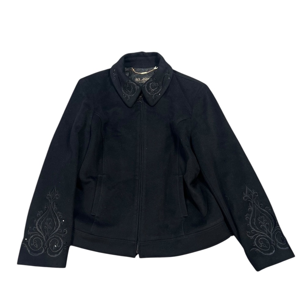 St John Coat Collection Women 16 Black Wool Angora Cashmere Embroidered Jacket